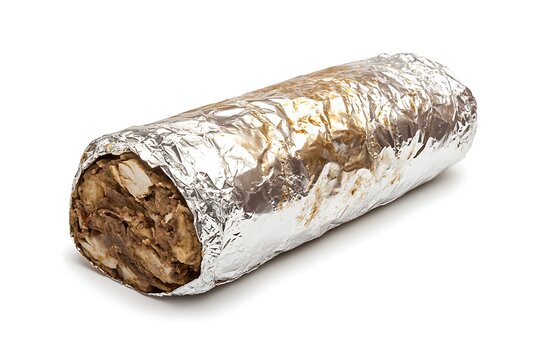 Closed halal shawarma roll tightly wrapped in foil, isolated on a white background 