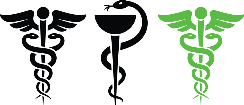 Contrast of traditional and modern medical symbols featuring the caduceus and rod of asclepius
