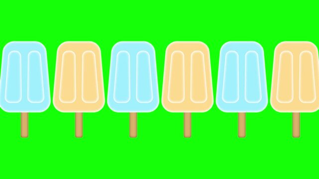 Seamless animation of blue and yellow ice pops lined up in a row against a green background
