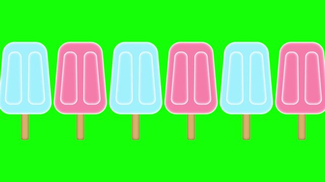 Seamless animation of blue and red ice pops lined up in a row against a green background
