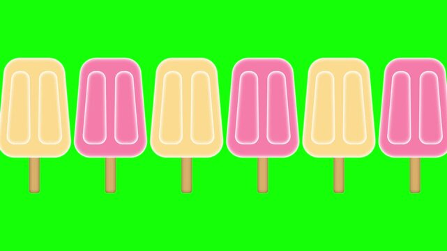 Seamless animation of yellow and red ice pops lined up in a row against a green background