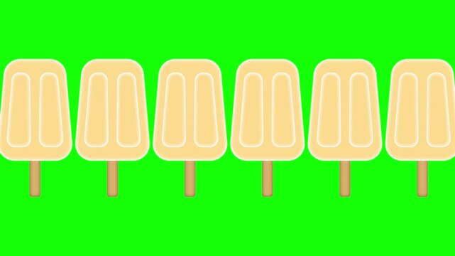 Seamless animation of yellow ice pops lined up in a row against a green background