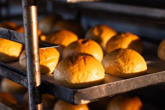 Round bread roll sitting on metal tray in commercial bakery on multi-shelf rack with baking residue