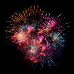 Fototapeta premium Fireworks Display: Capturing vibrant fireworks bursting in a dazzling spectacle against a night sky, painting the darkness with colors, creating a magical atmosphere.