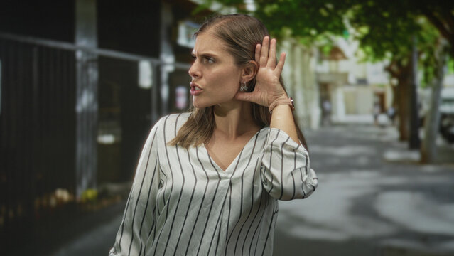 Young blonde woman in striped blouse cupping hand to ear while listening on busy city street; curiosity.