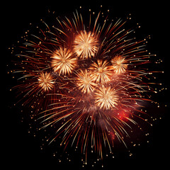 Obraz premium Explosive Symphony: A mesmerizing display of fireworks erupts against the dark canvas of night, painting the sky with radiant bursts of color and light.