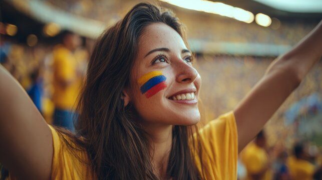 Euphoric woman in a football stadium with her face painted with the colors of the Colombian flag, cheering and supporting her team.