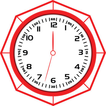 Red Hexagon Wall Clock Vector, Classic Analog Timepiece with Bold Frame