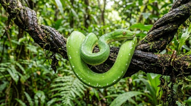 Green tree python coiled on branch close up vibrant snake reptile wildlife detail
