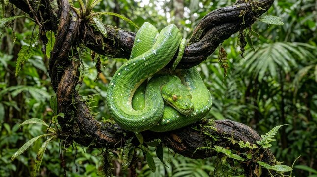 Green tree python coiled on branch close up vibrant snake reptile wildlife detail