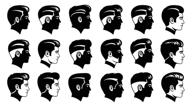 Set of male profile silhouettes with varied hairstyles and beards.
