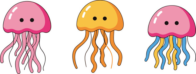 Colorful cute jellyfish cartoon vector set with smiling faces marine life illustration isolated on white background design © Lunavera art