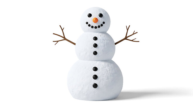 Cute snowman with carrot nose and branch arms isolated on white background. 3d realistic vector illustration of winter holiday character. ☃️❄️