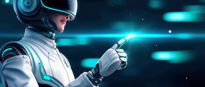 Futuristic Attire and Humanoid Robot Interact with Glowing Digital Interface Using High Tech Helmet, Gloves, and VR Headset