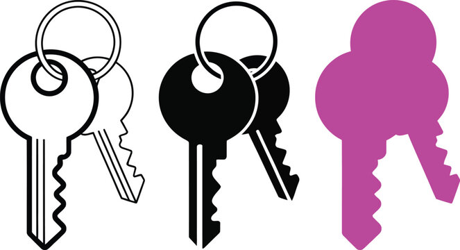 A trio of keys with two traditional and one uniquely shaped key in bright pink color.