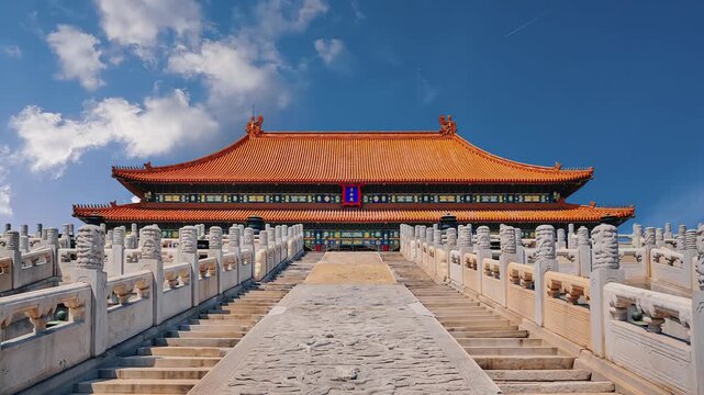A time-lapse of the majestic Taihe Hall entrance in the Forbidden City, capturing the changing skies and crowds, highlighting China's imperial architectural beauty.