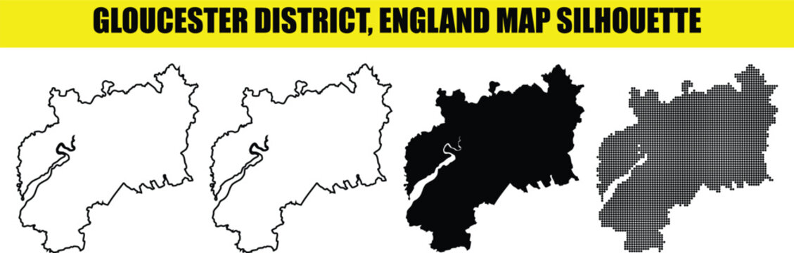 Gloucester district england map silhouette vector illustration in different styles set on transparent background.