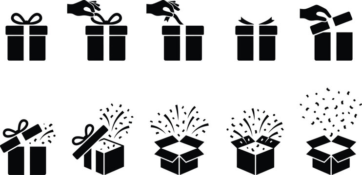 Black gift box opening animation sequence, 10 flat vector icons showing unboxing process, surprise present with confetti and ribbon bow