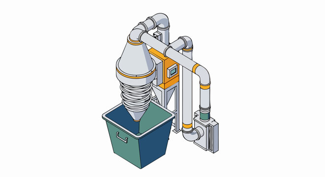 Industrial Cyclone Dust Collector and Air Filtration System Isometric Vector Illustration Isolated on White