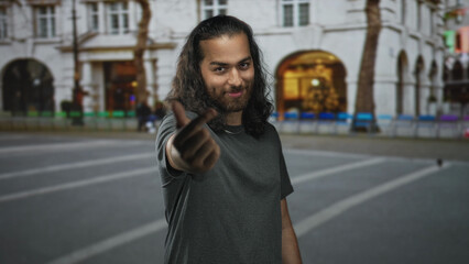 Naklejka premium Young man beckoning with extended hand and warm smile on a busy city street with historic building facades; friendly invitation.