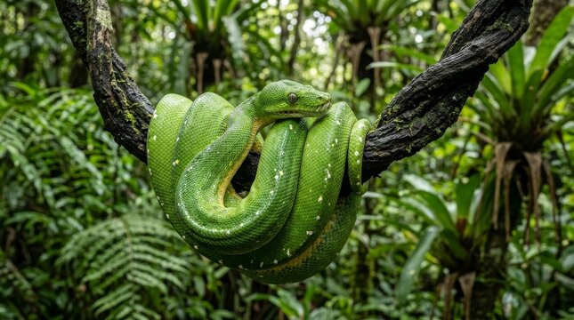 Green tree python coiled on branch close up vibrant snake reptile wildlife detail