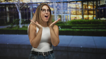 Fototapeta premium Woman with raised open hands and surprised open mouth looking sideways in front of a lit glass building facade at night; surprise.