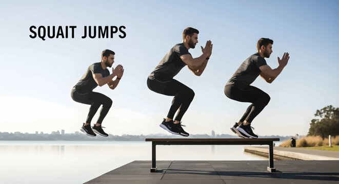 Man performing squat jumps exercise outdoors on a platform