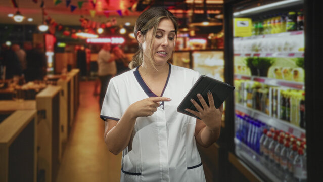 Woman nurse in white scrub pointing finger at tablet while holding a tablet in a supermarket aisle; concentration inventory task.