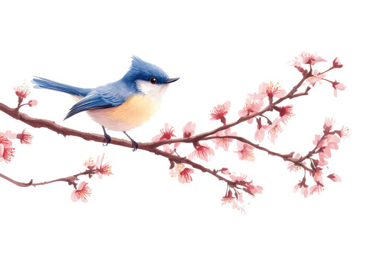 A vibrant blue bird perched on a branch filled with pink blossoms isolated on transparent background