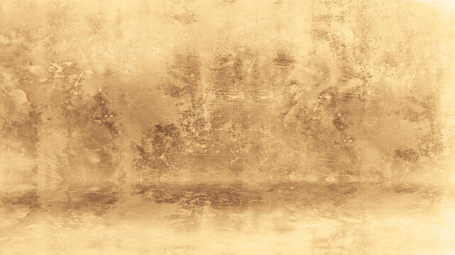 Light brown beige yellow empty old vintage style background. Concrete wall floor room interior scene. Mockup showing product 3d ad. Peeling shabby faded paint plaster. Grunge dirty. Minimal. Design.