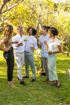 Diverse friends raising champagne flutes and toasting, cake reveal sparking celebration on lawn