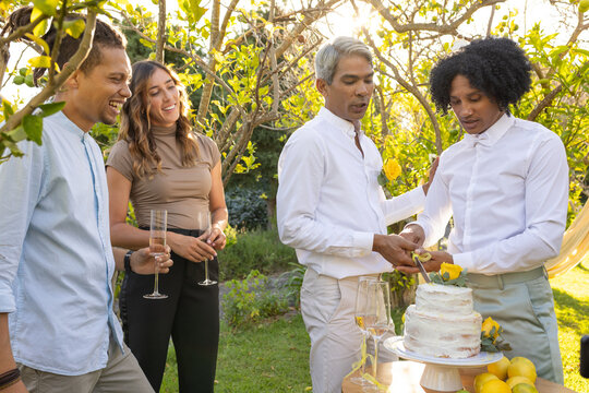 Diverse friends in smart-casual clothing cutting tiered cake in garden, holding flutes and lemons