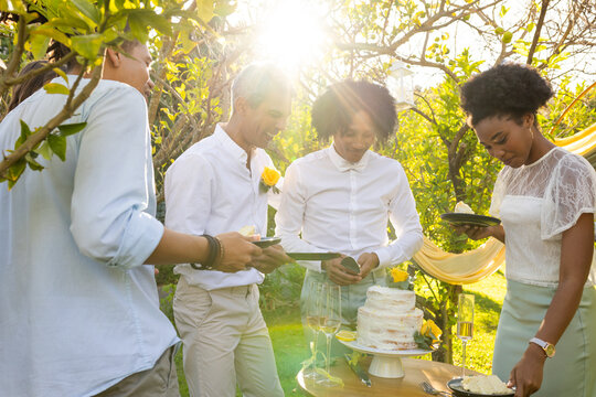African American family in light shirts gathering in garden serving tiered cake holding cake server