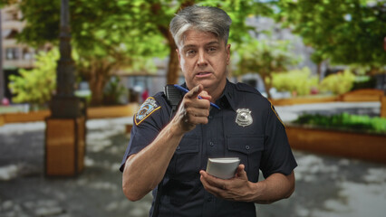 Obraz premium Police officer pointing finger while holding notepad and pen on a busy city street plaza; duty serious.