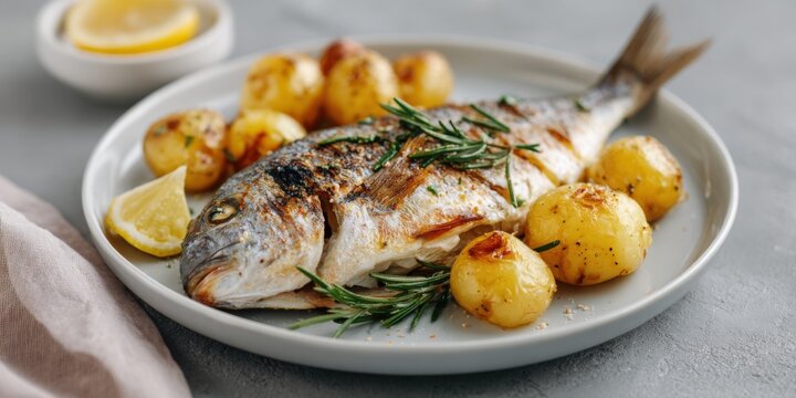 Whole grilled dorade with rosemary and roasted potatoes lemon wedge and dipping sauce bowl on the side, homestyle seafood plate set on gray tabletop