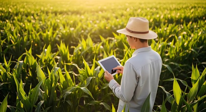 Farmer Using Tablet in Corn Field, Smart Agriculture Technology and Precision Farming