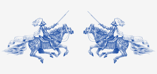 Medieval armoured knight horseback with a sword facing towards. Barded horse jumping in full armour for fight. Hand drawn engraving in traditional ink style 