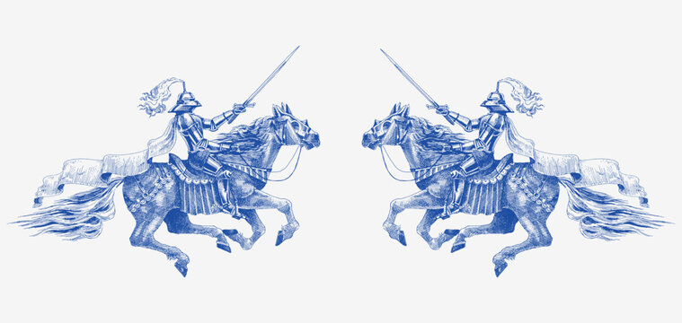 Medieval armoured knight horseback with a sword facing towards. Barded horse jumping in full armour for fight. Hand drawn engraving in traditional ink style 