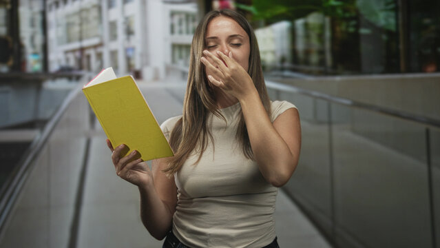 Young hispanic brunette woman holding yellow book pinches nose on building walkway, reacting to a bad smell; disgust reaction.