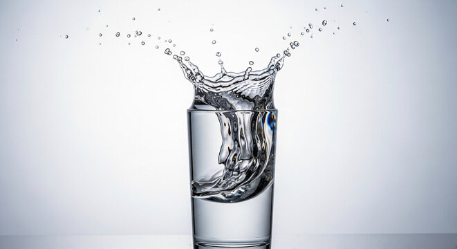 Water splashing out of a shot glass with high speed refreshing beverage celebration background abstract hydration
