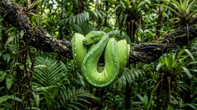 Green tree python coiled on branch close up vibrant snake reptile wildlife detail
