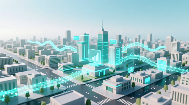 Futuristic urban landscape showcasing digital infrastructure and seamless data flow across a smart city symbolizing successful financial technology adoption for connected global economy