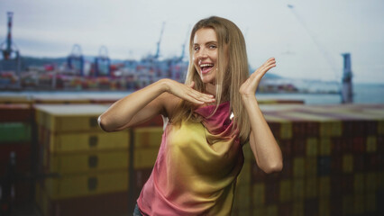 Fototapeta premium Woman smiling and waving hands with palms facing forward amid stacked shipping containers at a port building; joyful travel.