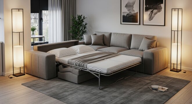 Modern Modular Sleeper Sofa Transforming into a Bed in a Stylish Living Space