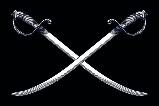 Crossed blades as pirate symbol. Saber or scimitar and cutlass in traditional ink hand drawn style.