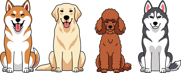 Cute dog breeds vector set with shiba labrador poodle and husky cartoon characters isolated on white © Lunavera art