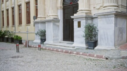 Obraz premium Soft defocused street view of a classical building facade with columns, potted plants and cobblestone pavement; background backplate copyspace template.