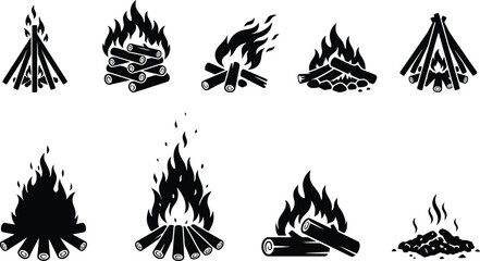 Campfire and bonfire icon set. Features various woodpile arrangements and flame intensity for outdoor activities. Flat black vector illustrations for camping and wilderness themes. © Muhammad
