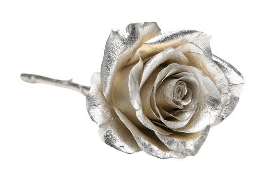 Rose made of silver isolated on transparent background. Metallic silver and gold rose isolated on white background.