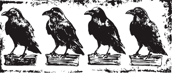 Naklejka premium silhouette of four ravens perched on textured wooden blocks in black and white vintage